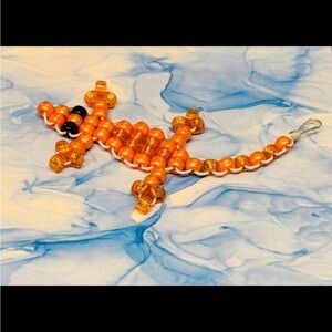 Handmade Orange and Black Beaded Lizard Keychain
